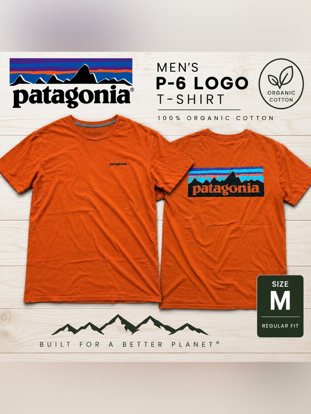 Patagonia P-6 Logo T Shirt Men’s M Orange Organic Cotton Graphic Outdoors